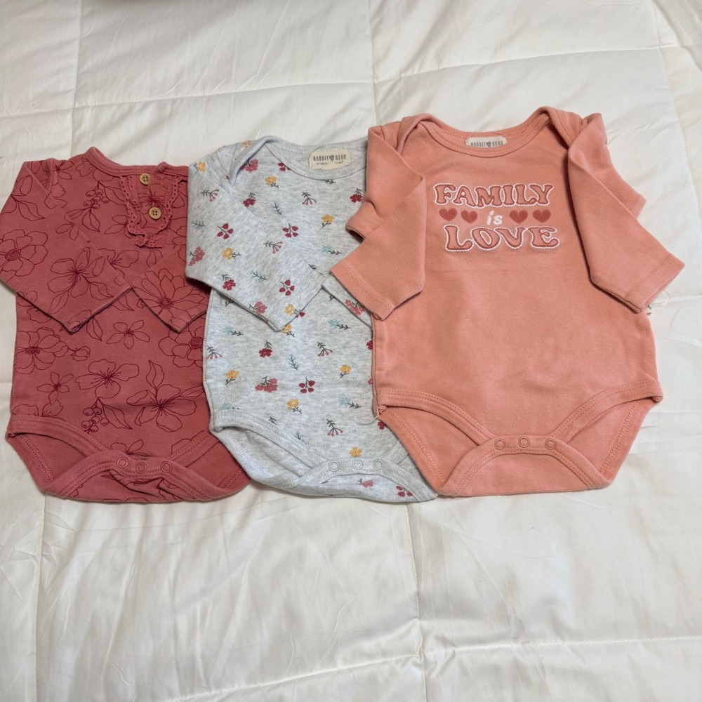 Rabbit Bear Organic Cotton Long Sleeve Bodysuit Set 3 Pack Pink Floral 3-6M